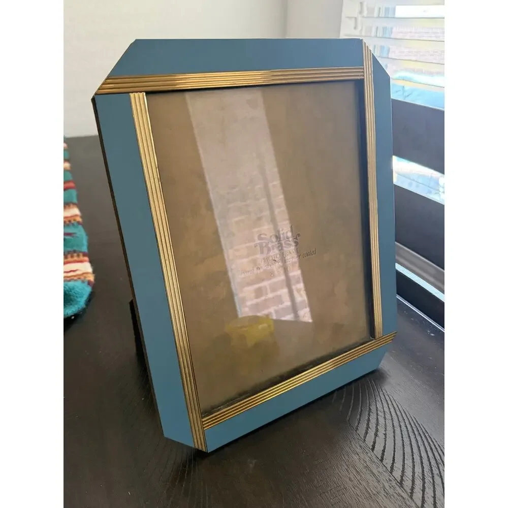 Vintage 1980s Solid Brass 8x10 Photo Frame Teal Blue Art Deco